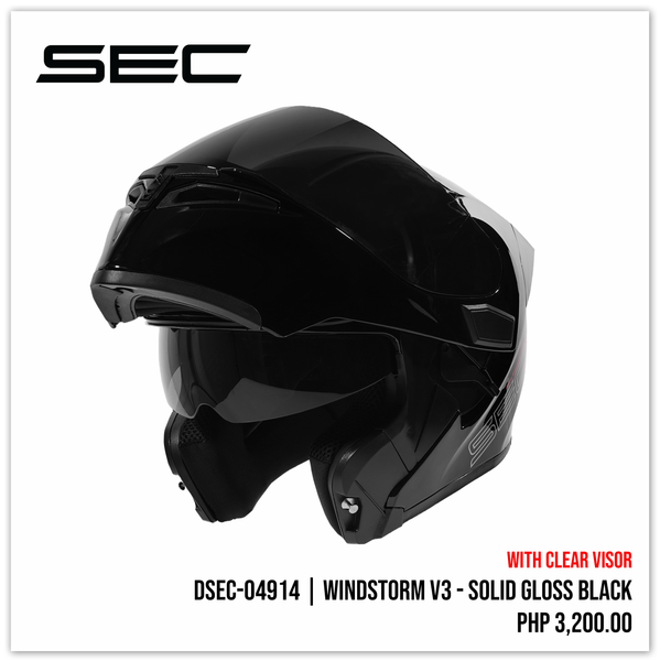 Windstorm V3 Solid Gloss Black SEC Motosupply