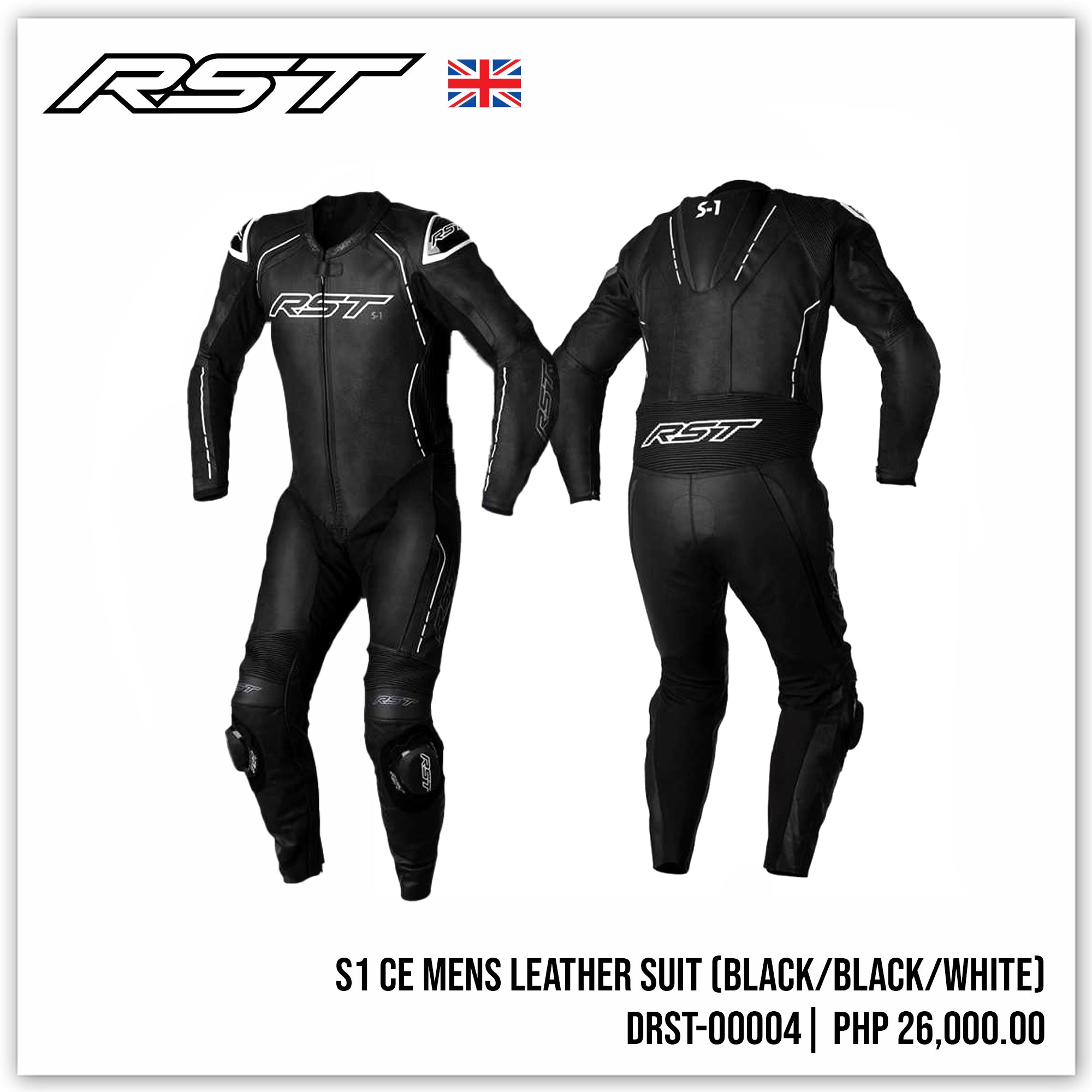 S1 CE MENS Leather Suit (Black / Black / White )