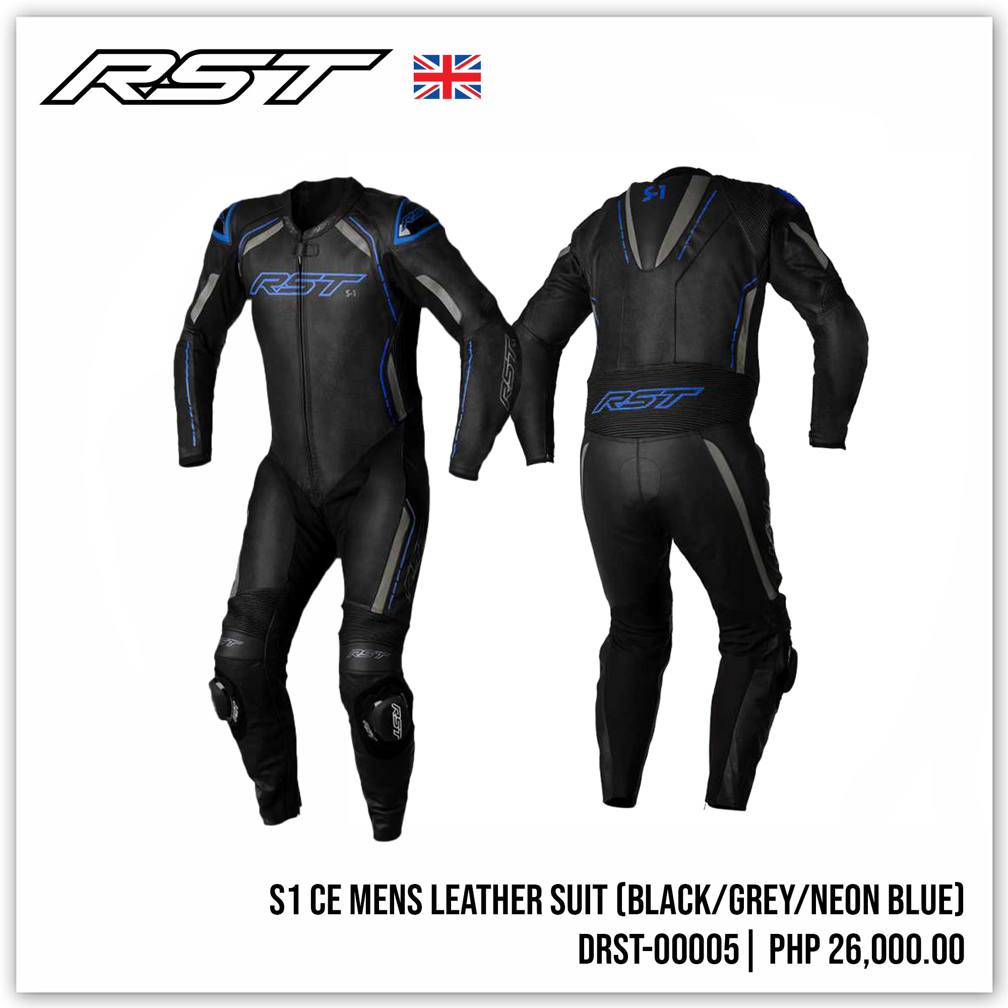 S1 CE MENS Leather Suit (Black / Grey / Neon Blue )